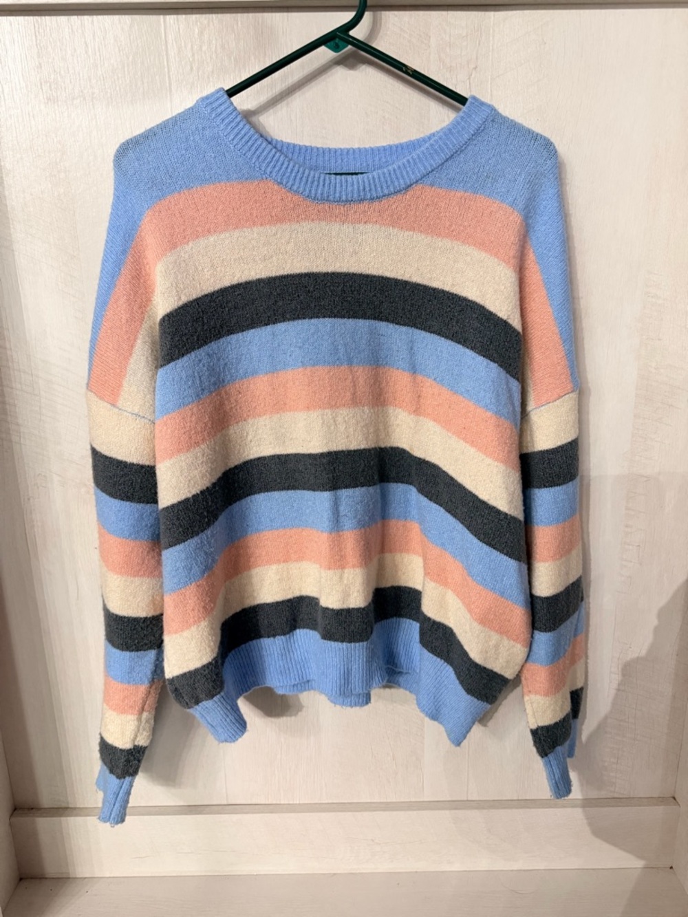 Double Zero Striped Crewneck Sweater in Light Blue, Peach & Cream with Charcoal